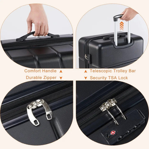 Close-up of No Fuss Travel Carry On Luggage with dual spinner wheels, ABS hard shell, telescopic handle, TSA lock, and zipper detail in bronze black.