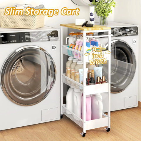 Slim Rolling Utility Cart Four Tier Metal Narrow Storage Cart With Wood Top And Handle in laundry room between appliances