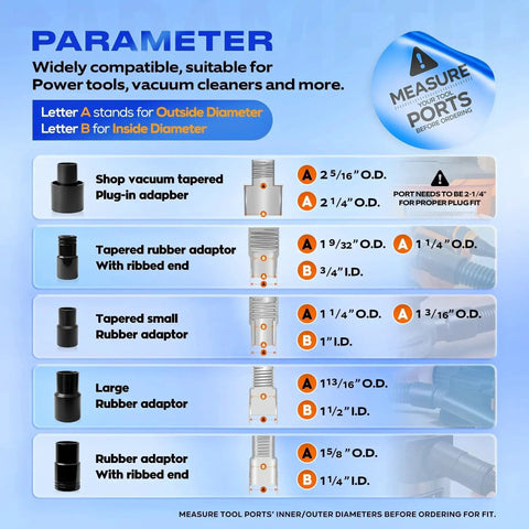 Image showing adapter specifications for 10 Ft Dust Collection Hose Kit For Power Tools And Shop Vacuums With 5 Fittings.