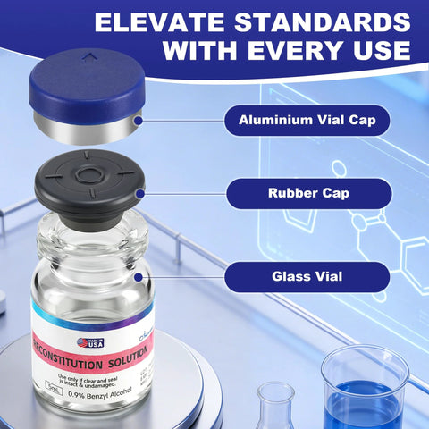 Reconstitution solution glass vial with blue aluminum cap and black rubber stopper, 5 mL