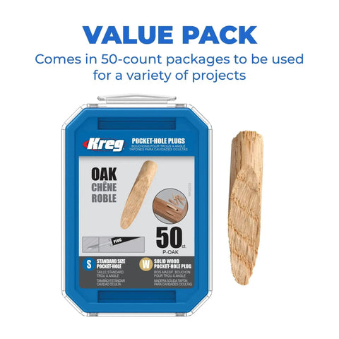 Solid Oak Pocket Hole Plugs for Concealed Joints Wood Finish Plug Set 50 Count in packaging, with single plug displayed