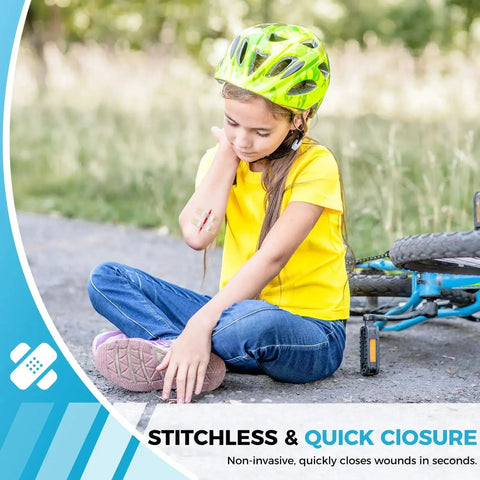 Young girl with minor injury, using Emergency Wound Closure Kit 2 Pack With Medical Grade Adhesive Sutures Butterfly Bandages And Clotting Technology for quick care.
