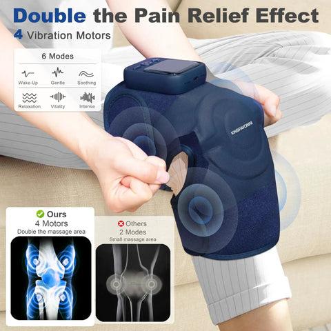 Person using Cordless Knee Massager for Pain Relief With Four Motors, Five Heat Levels, Six Massage Modes, Blue color for all-day comfort.