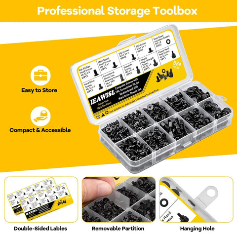 524 Piece PC Screw Kit For Full Rig Build With Motherboard Standoffs And Screws For M2 NVMe SSDs HDD Case Fans And PSU