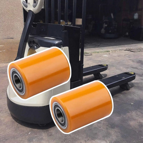 Premium Load Wheel Kit For WP 3000 Electric Pallet Jack Lift, Heavy Duty Replacement Wheels attached to pallet jack