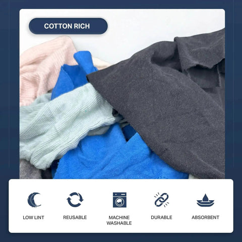 Pile of multicolor, low-lint cotton shop rags from Bulk 25Lb Box Of Recycled Cotton Knit Shop Rags With Multi Color Low Lint Cleaning Rags For Mechanics And Auto Shops, Oil Changes, Industrial And Commercial Use, 250 Units For Quick Spill Cleanup.