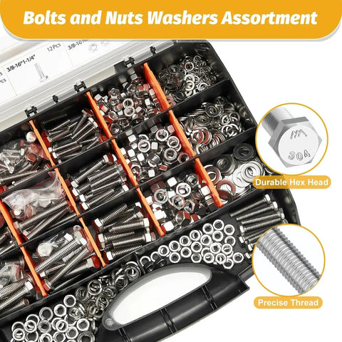 Heavy Duty Stainless Steel Hex Bolts And Nuts Kit With 744 Piece SAE Assortment, visible in organized compartments with washers.