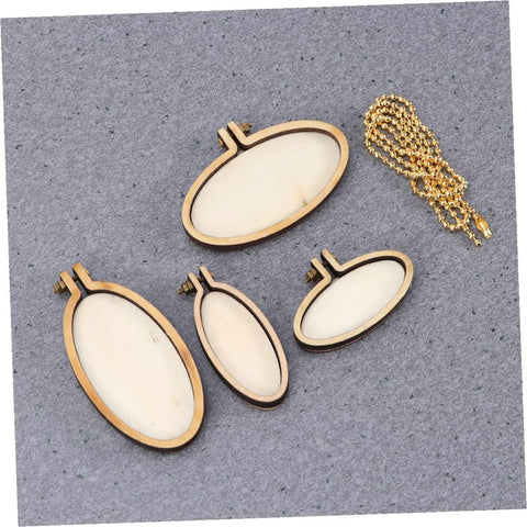 Five Piece Mini Wood Embroidery Hoops Set With Screws For Cross Stitch And DIY Needlework, shown in vertical and elliptical shapes