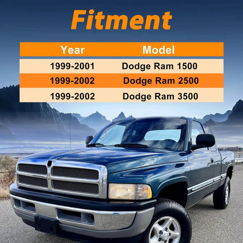 Fitment guide for Dodge Ram Temperature Door Servo Coupling Replacement 05012923AB 5012923AB with Ram truck in background.