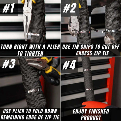 Steps to install 304 Stainless Steel Zip Ties 11.8 Inch Heavy Duty Built To Last Self Locking Cable Ties on exhaust wrap.
