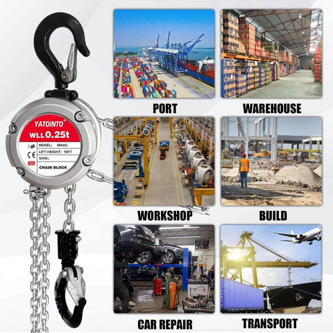 Manual Chain Hoist 0.25 Ton 550 Lbs Capacity 10 Foot Lift 360 Degree Rotatable Chain Block With Dual Safety Hooks