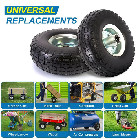 Two Pack 10 Inch Solid Polyurethane Tires For Garden Carts Hand Trucks Lawn Carts and Mowers with flat free wheels