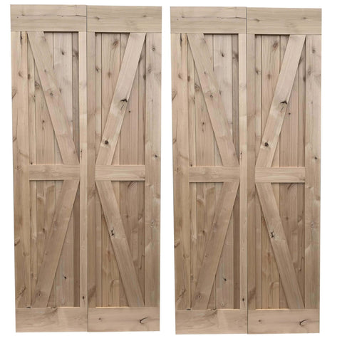 Front view of Double 38 By 84 Inches Unfinished Alder Wood Bifold Barn Doors With Low Clearance Box Rail Sliding Hardware Set