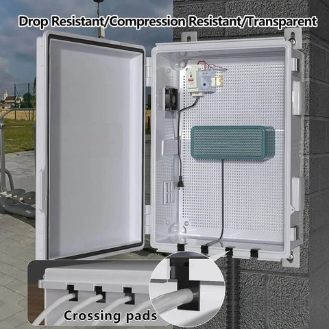 Outdoor Electrical Enclosure With Thermostat And Fan, ventilated all weather box with gray cover and mounting panel installed on wall.