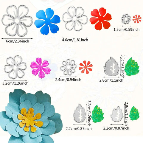 Dope 14 Piece Flower Leaves Metal Cutting Dies Set With 14 Styles for DIY Crafts and Scrapbooking, carbon steel, size labels visible
