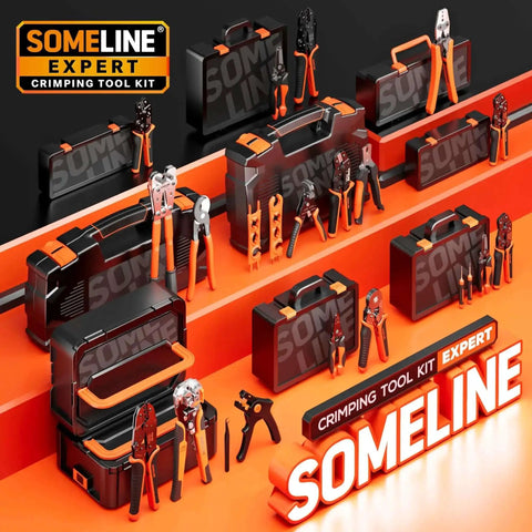 Display of Someline Expert Crimping Tool Kits with various sets and tools in black and orange cases on orange and black background.