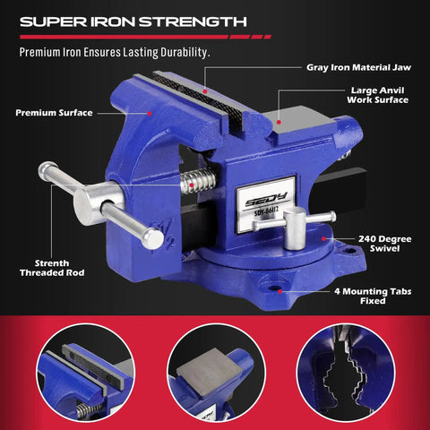 Heavy Duty Four And A Half Inch Tough As Nails Bench Vise With Multi Jaw Design shown with labeled features and 240° swivel.