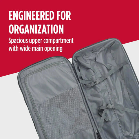 Interior view of 30 Inch Rolling Duffel Bag From Ful With Split Level Storage And Hard Shell Base, showing spacious main compartment, grey.
