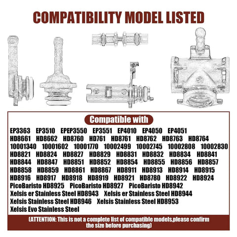 Compatibility chart for 8 Pieces Silicone O Ring Seals Maintenance Kit For Fully Automatic Espresso Machines Gasket Replacement Parts.