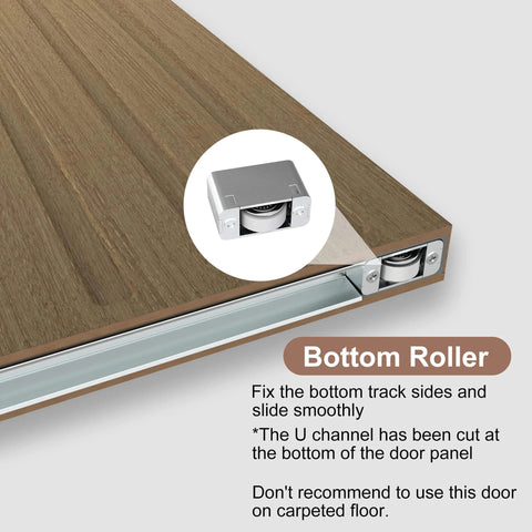 Bottom view of concealed sliding barn door with soft close hardware kit, showing bottom roller on wooden 38 in by 86 in door.