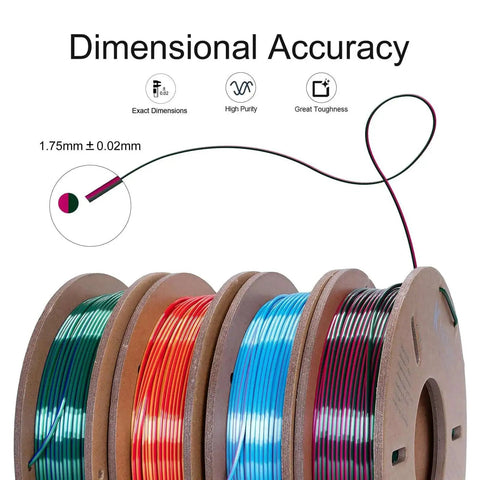 Silk Dual Color PLA Filament Bundle, 1.75mm, 4 spools each at 250g, showing rose/blue, red/gold, violet/green, blue/green.