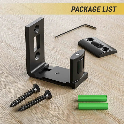 Sliding Barn Door Bottom Floor Guide With Adjustable Roller For All Door Sizes Flush Flat Design Stay Roller Black Solid Steel Construction Anti Corrosion Finish Fits Doors Up To Two Inches Thick 2 Pack on wooden surface with installation tools.