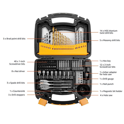 Image of All Purpose 100 Piece Drill And Driver Bit Set With Alloy Steel Bits For Metal Wood Plastic And Masonry Includes Storage Case Magnetic Bit Holder And Four Hole Saws By Amazon Basics, showing various drill bits and accessories in open black and orange storage case.