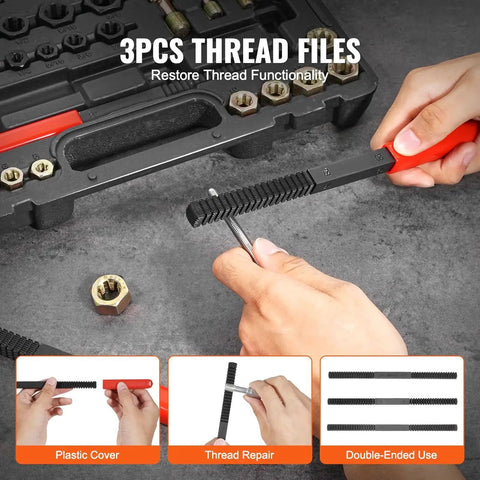 49 Piece Thread Restorer Set With Heat Treated Steel Taps Dies UNC UNF Metric displayed with thread file and box.
