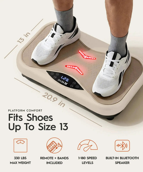 Person standing on Wave Board with Red Light Therapy and Vibration Plate, 330 lbs capacity, fits up to size 13 shoes, home workout machine.