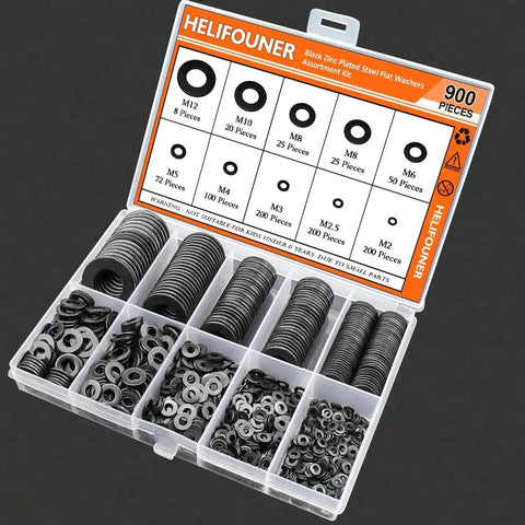 900 Piece Black Zinc Flat Washers Assorted Kit With Lock Metal Washers In Durable Plastic Case Includes M2 M2.5 M3 M4 M5 M6 M8 M10 M12 For Electrical Projects And DIY Gear