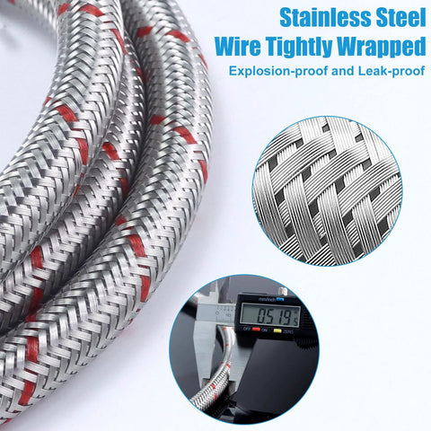 Washer inlet hoses: 4 ft stainless steel braided with 3/4 in NPT connectors, hot and cold, 90-degree elbow, two-pack