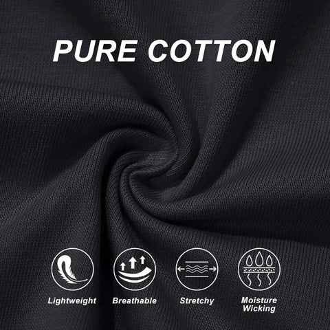 Close-up of pure cotton fabric highlighting features like lightweight, breathable, stretchy, and moisture-wicking properties.