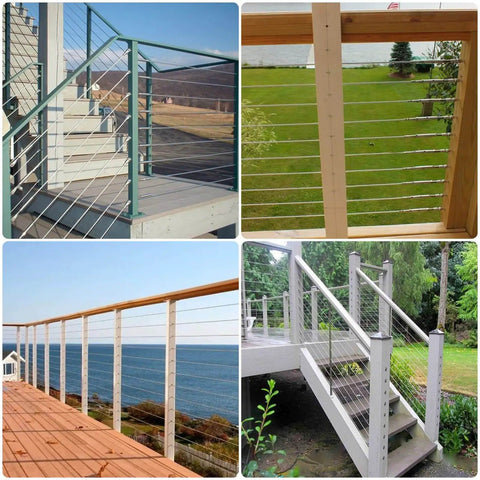Installed 30 45 90 Degree Drill Hole Guide Jig For Angled And Straight Holes Four Size Portable Deck Cable Railing Lag Screw Drilling Template Block For Horizontal Cable Wood Post And Stair Handrail Pro Grade Aluminum Alloy on various outdoor stair and deck railings.