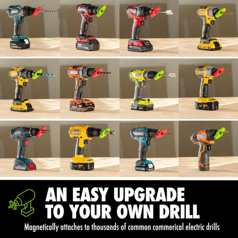 Magnetic Drill Guide With Green Laser Alignment And Three Bright Patterns For Perpendicular Drilling, Visual Work Surface Alignment, Delivers Straight Holes Every Time, Compatible With Common And Specialty Bits From 2 To 8 Inches shown attached to various drills on a wooden table.