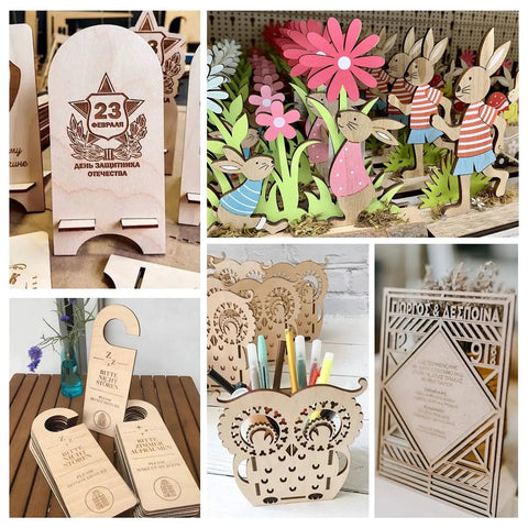 Various laser-cut wood crafts including bookmarks, ornaments, and decorative holders on display.