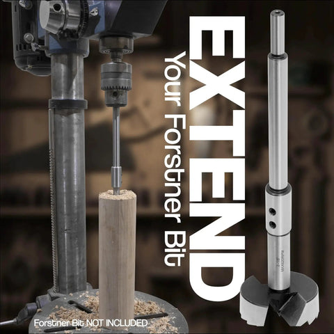 Heavy Duty Six Inch And Ten Inch Forstner Bit Extension Set For Three Eighths Inch Shank Bits Extends Drilling Depth To Eight And A Half Inches Perfect For Woodturning Furniture Making And Carpentry Projects installed in drill press