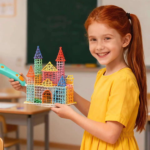 Child using 32 Color 2.5Mm 3D Pen Filament Refill For 3Doodler Start Plus Low Temperature to create a colorful 3D castle model.