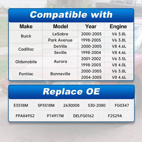 Compatibility chart for Buick LeSabre Park Avenue Cadillac DeVille Seville Fuel Pump Assembly Replacement 2000-2005