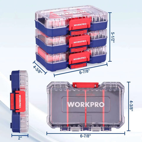Three Piece Small Parts Organizer Set With Portable Stackable Hardware Storage Case Removable Dividers And Clear Lid shown from multiple angles