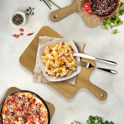 Bulk 15 Pack Acacia Wood Cutting Boards With Handles For Serving Tray And Chopping Boards DIY Gift Laser Engraving 13.8 x 7 Inch Set Durable Natural Wood Kitchen Tools featuring pasta and pizza.