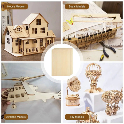 24 Pack Basswood Sheets 16 By 12 Inches One Eighth Inch Thick Unfinished Wood For Laser Cutting Arts And Crafts displayed with model examples