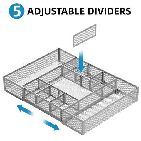 Expandable Desk Drawer Organizer Mesh Tray With 10 Adjustable Compartments showing adjustable dividers and expandable mechanism.