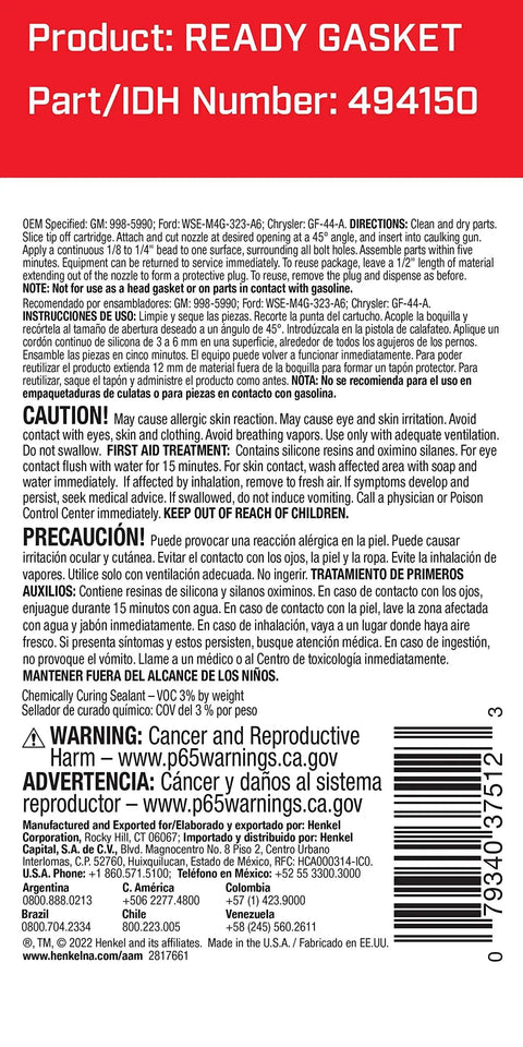 Product label for Ready Gasket Maker Cartridge 5 Oz For Fast Leakproof Gaskets In One Minute, Blowout Resistant Sealant