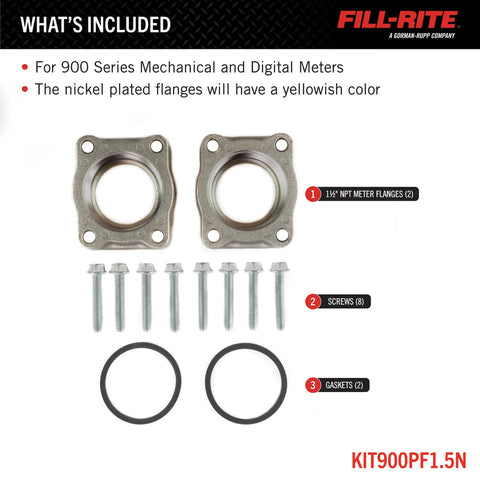 Fill-Rite KIT900PF1.5N kit: two nickel 1-1/2 in NPT meter flanges, eight screws, two gaskets.