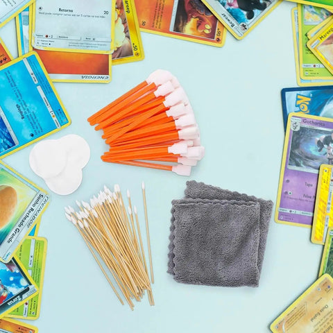 Collection of cleaning tools including 5.1 Inch Foam Cleaning Swabs For Electronics Cameras Lenses And Printers 50 Pcs with gaming cards