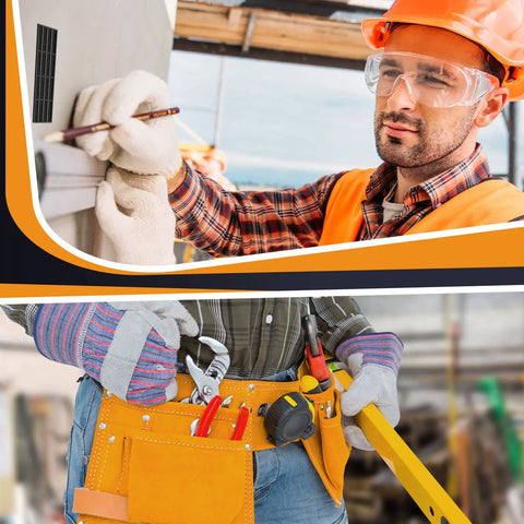 Man in safety gear measuring and adjusting equipment, wearing a tool belt with various tools at a construction site.