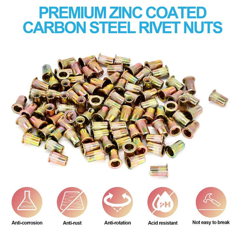 Rivet Nuts Kit 100 Pcs 1 4 20 UNC Zinc Plated Carbon Steel Nutserts, pile of multi-colored zinc coated rivet nuts.