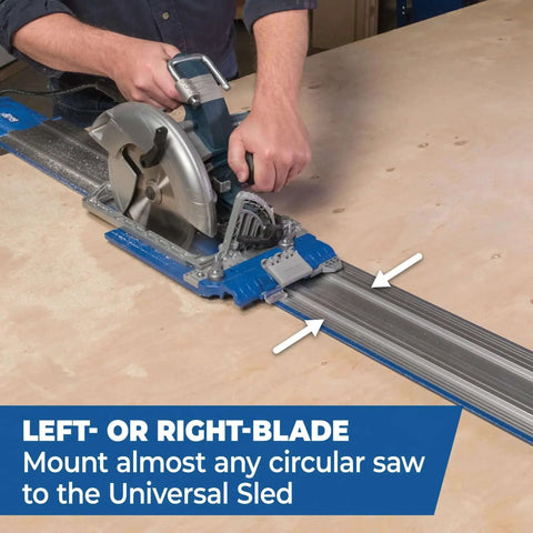 Person using the Accu Cut XL Universal Track Saw Guide System with circular saw mounted on a sled for precise cuts.