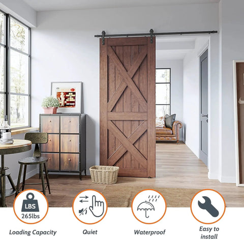 Nine Foot Single Sliding Barn Door Hardware Kit With Track For Quiet Smooth Operation, Carbon Steel Upgrade Lightweight Yet Strong, Load Capacity Up To Two Hundred Sixty Five Pounds, Low Clearance Design, Easy To Install, Black Finish shown installed on wooden door in modern room