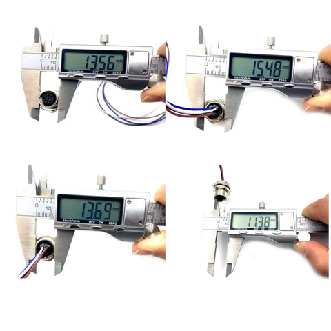 4 Pin A Code M12 Female Connector Cable being measured with calipers, showing dimensions for waterproof aviation socket, 0.5m length.